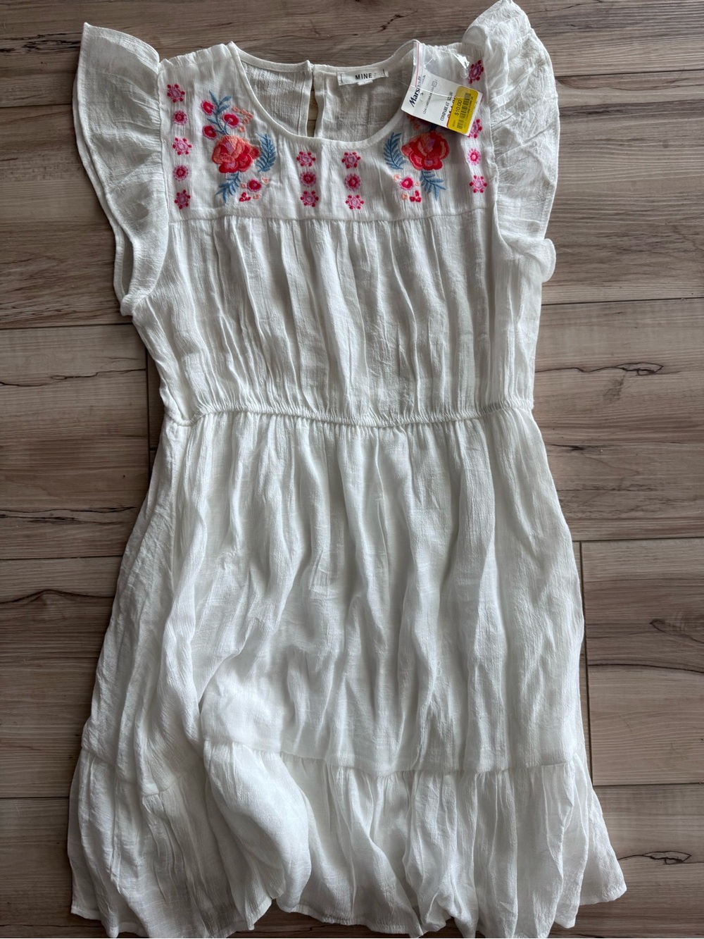 White Embroidered Flutter-Sleeve Dress